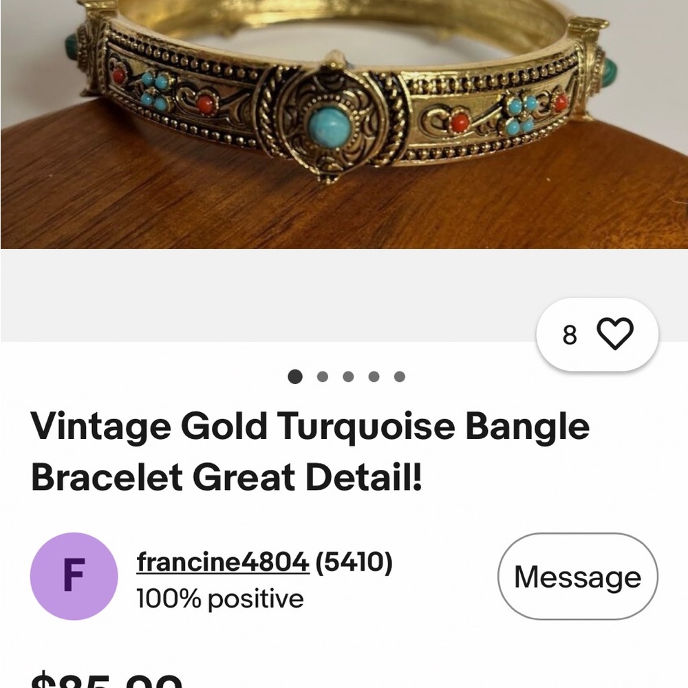 Gold-Tone Turquoise & Coral Accent Bangle Bracelet. - Picture 9 of 9